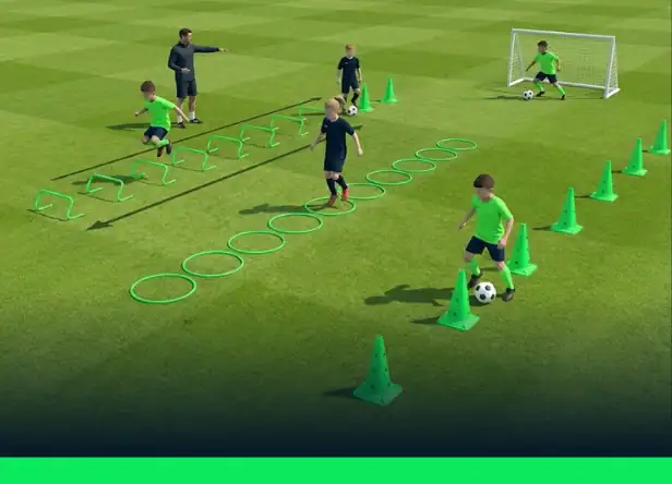 Exercice U9 : Parcours d'agilité pour la coordination avec haies, plots et cerceaux