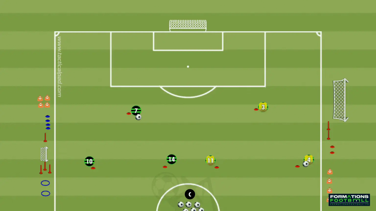 entrainement foot, triangle de passes avec permutation