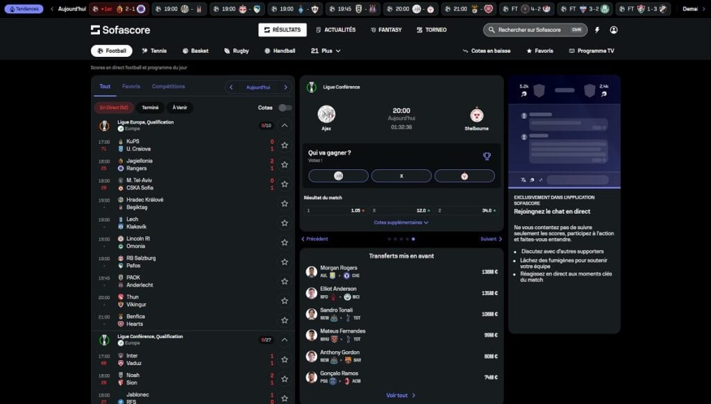 Sofascore et son interface affichant les notes des joueurs et les statistiques d'un match de football